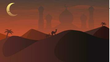 islamic landskap vektor illustration. moské landskap med öken- och sandstorm. bakgrund landskap för islam religion och muslim tro. tapet av design berg med moské silhuett