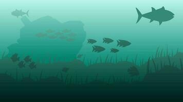 under vattnet landskap vektor illustration. djup hav landskap med fisk, korall rev och förlisning. hav värld silhuett landskap för bakgrund, tapet, visa eller landning sida. vektor bakgrund