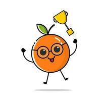 Charakter von Orange Obst mit eben Design Stil, welche ist werfen ein golden Trophäe vektor
