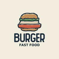 Burger schnell Essen Hand gezeichnet Logo mit retro Stil. Vektor Illustration Hamburger Emblem.