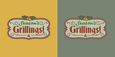 Grill Steak Haus Weihnachten Party retro Jahrgang Hand gezeichnet Abzeichen Emblem Logo Vorlage vektor