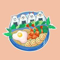 Schüssel im kawaii Stil. Niedlich, bunt Illustrationen. japanisch Lebensmittel. Anime. Vektor. perfekt zum Flyer, Poster, und Rabatt Karten. vektor