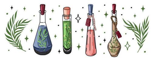 uppsättning flaskor med potion och gift. häxkonst och magiska illustrationer. vektor