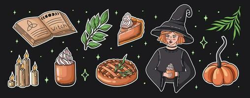 Herbst Magie Aufkleber mit Kürbis Kuchen und Latté, Hexe, Magie Buch, und Kerze. gemütlich Abbildungen zum Halloween. Hexerei und Magie. Vektor. vektor