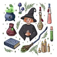 häxa föremål. uppsättning av klistermärken med häxa, potions, kittel, ljus, magi bok, och kvast. läskigt illustrationer för halloween. vektor. vektor