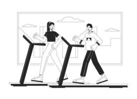 Menschen auf Laufband bw Konzept Vektor Stelle Illustration. Sportler im Fitnessstudio 2d Karikatur eben Linie monochromatisch Charakter zum Netz ui Design. gesund Lebensstil editierbar isoliert Gliederung Held Bild