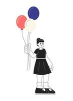 liten flicka i sommar klänning innehav ballonger enfärgad platt vektor karaktär. oss nationell Semester. redigerbar linje full kropp person på vit. enkel bw tecknad serie fläck bild för webb grafisk design