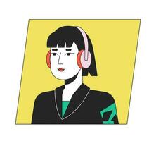 söt asiatisk kvinna i hörlurar platt Färg tecknad serie avatar ikon. söt frisyr. redigerbar 2d användare porträtt linjär illustration. isolerat vektor ansikte profil ClipArt. användarbild, person huvud och axlar