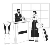 hotell lobby kolla upp i bw vektor fläck illustration. receptionist ger rum nyckel till asiatisk turist 2d tecknad serie platt linje enfärgad tecken för webb ui design. redigerbar isolerat översikt hjälte bild