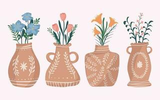 färgrik blommor i vaser platt design illustration uppsättning vektor