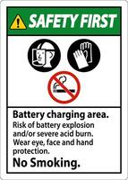 Sicherheit zuerst Zeichen Batterie Laden Bereich, Risiko von Batterie Explosion oder stark Acid brennen, Nein Rauchen vektor