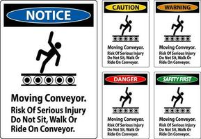 varning tecken rör på sig transportband, risk av allvarlig skada do inte sitta promenad eller rida på transportband vektor