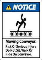 lägga märke till tecken rör på sig transportband, risk av allvarlig skada do inte sitta promenad eller rida på transportband vektor