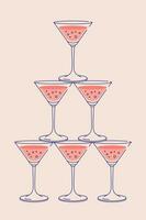 champagne glasögon pyramid. gnistrande vin vykort för webb och skriva ut. fest inbjudan med glas torn linje konst vektor illustration.
