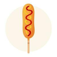 majs hund med ketchup och senap. korv i deg på en pinne. amerikan eller koreanska gata mat. snabbmat begrepp. detaljerad platt illustration. vektor