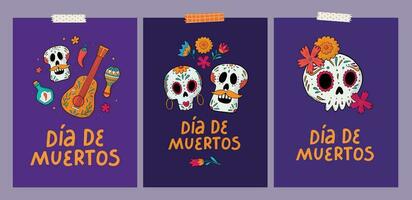 dia de los Muertos einstellen von Karten, Poster, Drucke, Einladungen, Vertikale Banner dekoriert mit Beschriftung Zitate, Kritzeleien von Schädel und Blumen. eps 10 vektor