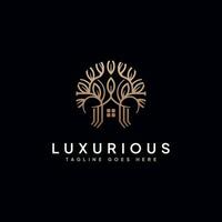 Luxus Baum Haus Linie Logo. Jahrgang Zier kalligraphisch Logo Design auf schwarz Hintergrund vektor