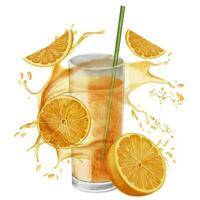 glas av orange frukt juice med skivor av citrus- mat och stänk. vattenfärg hand dragen illustration av dryck på vit isolerat bakgrund. teckning av mandarin tropisk dryck med cocktail rör vektor