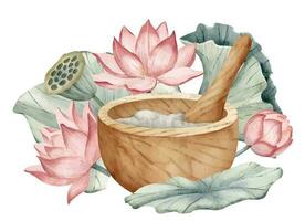 trä- murbruk och mortelstöt med rosa lotus. vattenfärg hand dragen illustration av skål och vatten lilja för spa terapi och alternativ medicin på isolerat vit bakgrund. teckning för alkemi. vektor