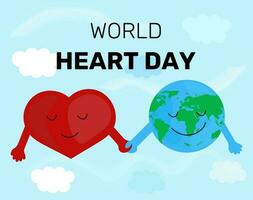 värld hjärta dag hälsning kort, jord och hjärta håll varje andras hand, hjärta dag i tecknad serie stil vektor