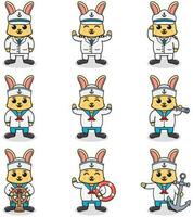 rolig kanin sjömän uppsättning. söt kanin tecken i kapten keps tecknad serie vektor illustration.