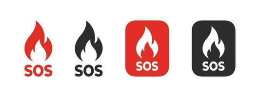 SOS Notfall Symbole. SOS Zeichen mit Flamme Symbol. Hilfe Bedienung unterzeichnen. Vektor skalierbar Grafik