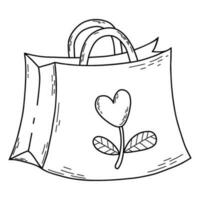 Öko Papier Lebensmittelgeschäft Tasche, Öko freundlich, Paket. Vektor Gliederung Illustration. Hand Zeichnung. Umwelt Schutz.