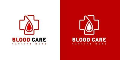 blod vård logotyp design. blod och korsa logotyp. sjukvård symbol ikon vektor. med röd, vit, och svart färger vektor