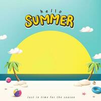 Sommer- Reise Poster Banner mit Sand und Sommer- Strand Sonnenuntergang Szene Design vektor