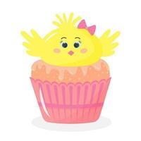 süß Ostern Cupcake mit Baby Küken Kopf. komisch Süss Muffin mit Karikatur Hähnchen Mädchen. vektor