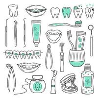 süß Gekritzel Zahnarzt einstellen mit verschiedene Dental Ausrüstung. Linie Symbole von Zahnheilkunde. Stomatologie, Kieferorthopädie, Oral Gesundheit Pflege und Hygiene, Dental Instrumente. vektor