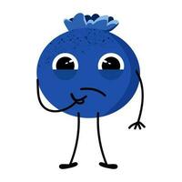 Emotion Verdacht, Nachdenklichkeit. süß Vektor Blaubeere Emoji. fruchtig Smiley Gesicht. lebhaft Frucht. Vektor Karikatur Illustration. Weiß isoliert Hintergrund.