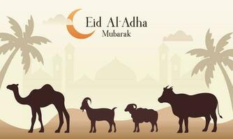 feiern eid al adha Mubarak islamisch Hintergrund mit Qurban Tiere vektor