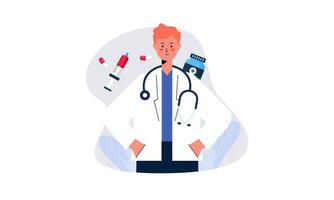 Arzt Charakter mit Stethoskop Vektor Illustration. medizinisch Behandlung Konzept