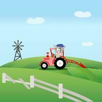 röd bruka traktor med grå tjur förare med brun keps på vit bakgrund. grön fält med bruten trä- staket och väderkvarn. blå himmel med vit moln. vektor. eps10. vektor