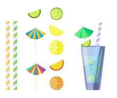 uppsättning för en cocktail, nyligen pressas juicer. frukter, glas, sugrör, cocktail paraplyer vektor illustration