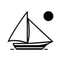 ein Segelboot auf das Wasser mit das Sonne im das Hintergrund, schwarz und Weiß Gliederung Vektor Emblem, Gliederung Boot Symbol, Meer Symbol, einfach Webseite und App Logo, Tourismus und Segeln Illustration.