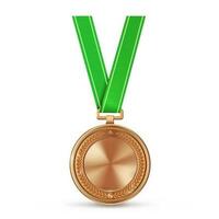 realistisk brons tömma medalj på grön band. sporter konkurrens utmärkelser för tredje plats. mästerskap pris för segrar och prestationer vektor