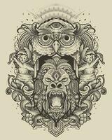 gorilla huvud stam- stil med antik gravyr prydnad vektor