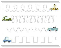 Handschrift Ausbildung, lehrreich Spiel zum Kinder, Karikatur Autos. vektor