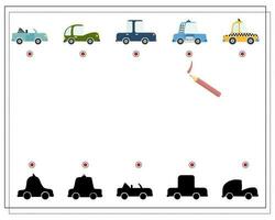 finden das richtig Schatten, ein lehrreich Spiel zum Kinder, Karikatur Autos. Vektor Illustration auf ein Weiß Hintergrund