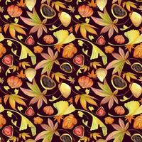Aquarell nahtlos Muster mit Hand gezeichnet traditionell japanisch Süßigkeiten. wagashi, mochi, Herbst Ahorn Blätter isoliert auf Farbe Hintergrund. Einladungen, Restaurant Speisekarte, Gruß Karten, drucken, Textil- vektor