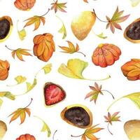 Aquarell nahtlos Muster mit Hand gezeichnet traditionell japanisch Süßigkeiten. wagashi, mochi, Herbst Ahorn Blätter isoliert auf Weiß Hintergrund. Einladungen, Restaurant Speisekarte, Gruß Karten, drucken, Textil- vektor