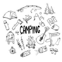 einstellen von Gekritzel Wald Camping Design Elemente. Hand gezeichnet Vektor Abbildungen isoliert auf ein Weiß Hintergrund.