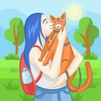 blauhaarig Mädchen mit rot Rucksack Petting Ingwer Katze im grau Haustier Leine während draußen Gehen im Stadt Park mit Bäume, Gras und sonnig Himmel - - Vektor Illustration