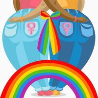 zwei dunkel Haut Lesben Frauen im Jeans halten jeder andere, in Verbindung gebracht mit bunt Bogen und Regenbogen - - Vektor Illustration. lgbt Stolz Fröhlich und Lesben Konzept