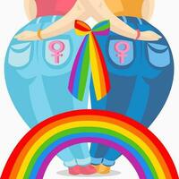 zwei Weiß Haut Lesben Frauen im Jeans halten jeder andere, in Verbindung gebracht mit bunt Bogen und Regenbogen - - Vektor Illustration. lgbt Stolz Fröhlich und Lesben Konzept