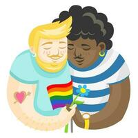 lgbt Jungs im Liebe halten Regenbogen Flagge und Blume - - Vektor Illustration. lgbt Stolz Fröhlich und Lesben Konzept