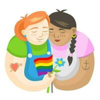 lgbt Mädchen im Liebe halten Regenbogen Flagge und Blume - - Vektor Illustration. lgbt Stolz Fröhlich und Lesben Konzept