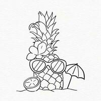 sommar atmosfär illustration med söt ananas blomma solglasögon paraply och citron- linje teckning vektor